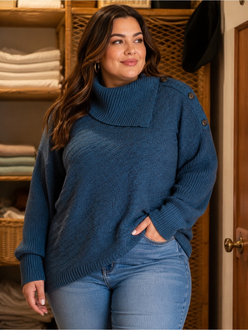 Style & Co. Plus Size 3X Blue Button-Shoulder Funnel Neck Sweater| Curvy Relaxed